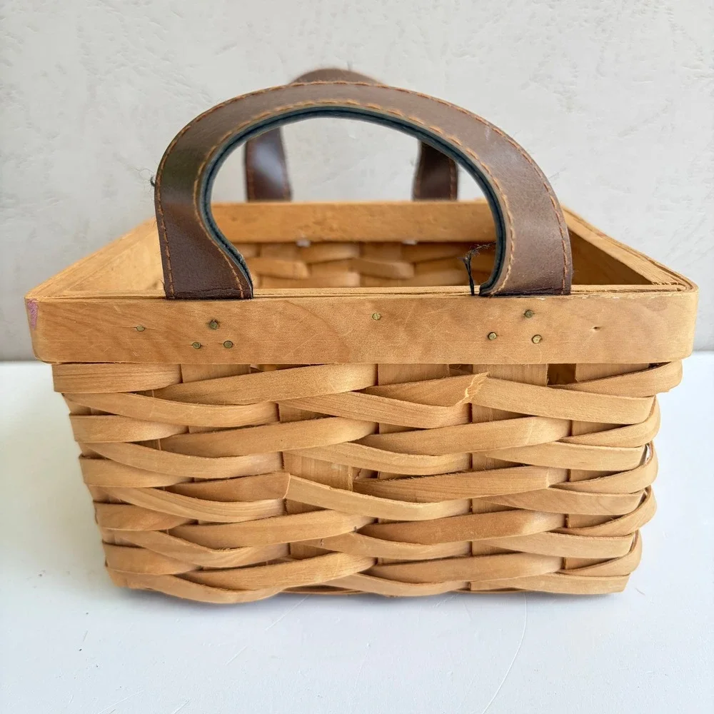 Vintage Woven Wood Square Basket with Brown Faux Leather Handles Farmhouse Decor
